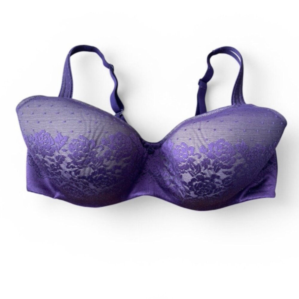 Soma Women Stunning Support Balconette Bra 36DD Purple Mesh Lace Polka Dot